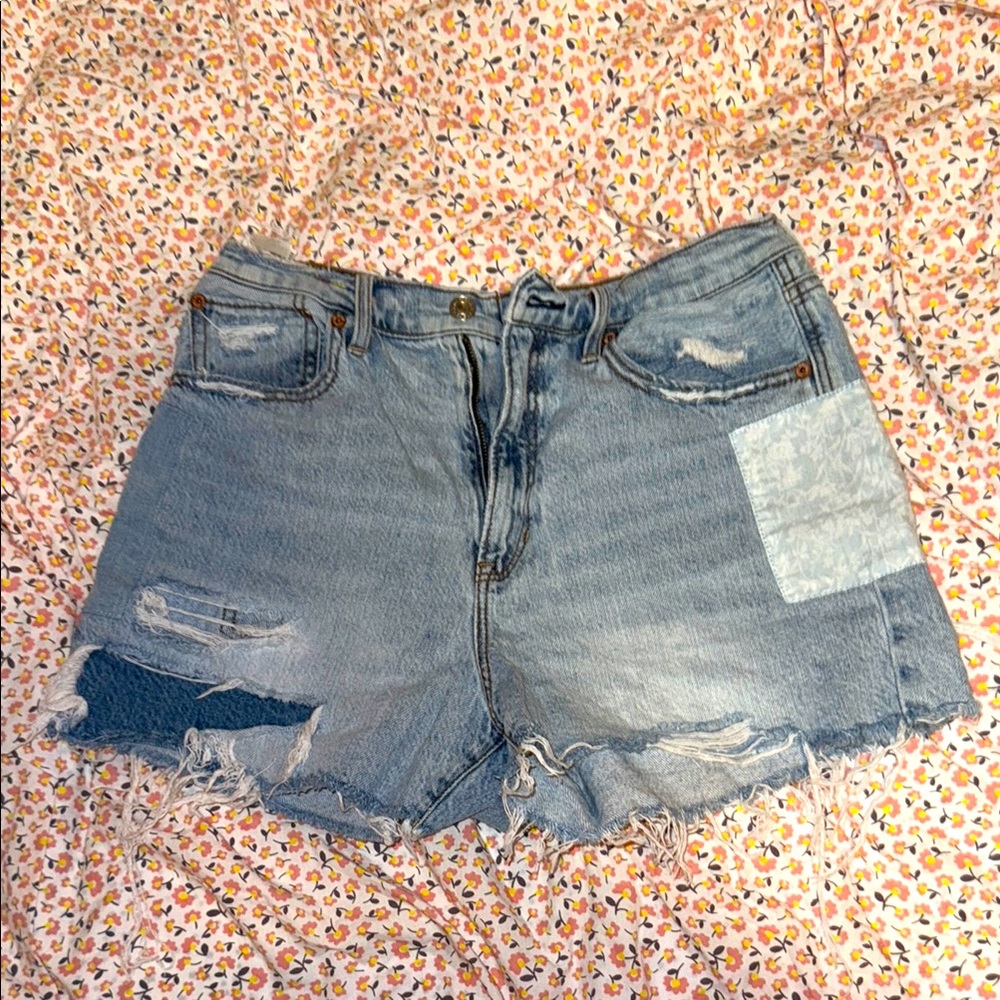 American Eagle Outfitters Light Blue Distressed Jean Patchwork Shorts for Pride